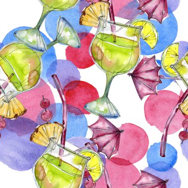 Alkolik bar partisi kokteyli. Suluboya arkaplan çizimi. Kusursuz arkaplan deseni.