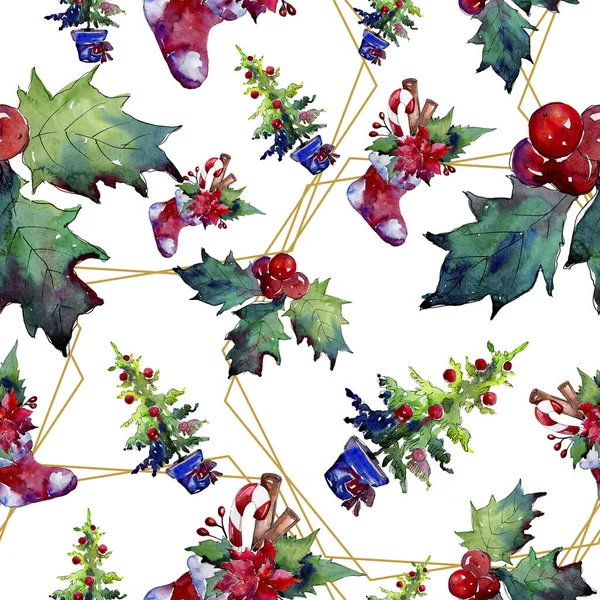 Christmas winter holiday symbol isolated. Watercolor illustration set. Seamless background pattern. — ストック写真