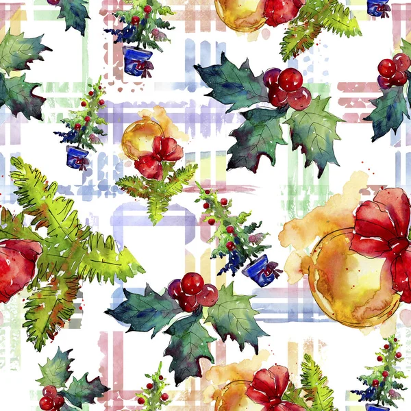 Christmas winter holiday symbol isolated. Watercolor illustration set. Seamless background pattern. — Stock Photo, Image