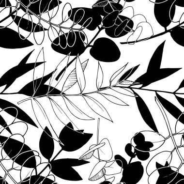 Vektör ayrılır şubesi. Siyah beyaz işlemeli mürekkep sanatı. Kusursuz arkaplan deseni.