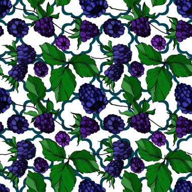 Vektör Blackberry sağlıklı gıda. Siyah ve beyaz oyulmuş mürekkep sanatı. Kesintisiz arka plan deseni.