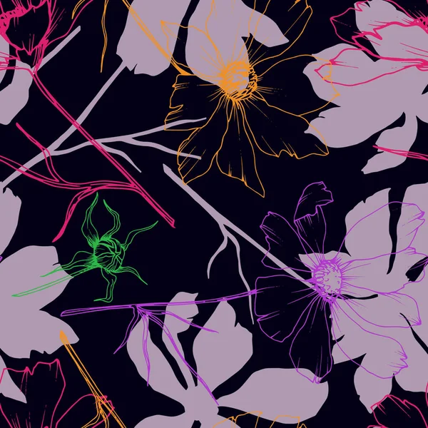 Vector Cosmos Floral botanische bloemen. Zwart-wit gegraveerd Ink Art. Naadloos achtergrond patroon. — Stockvector