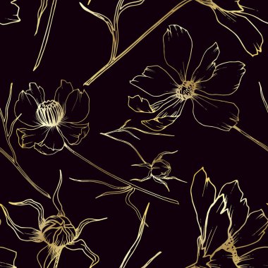 Vektör Cosmos çiçek botanik çiçekler. Siyah ve beyaz oyulmuş mürekkep sanatı. Kesintisiz arka plan deseni.