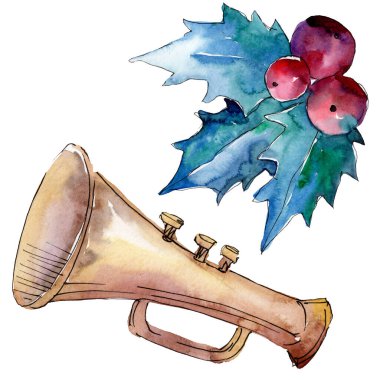 Noel kış bayramı sembolü izole. Suluboya arka plan seti. İzole edilmiş süsler resimleme ögesi.