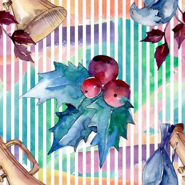 Noel kış tatili sembolü izole. Suluboya arka plan illüstrasyon seti. Kesintisiz arka plan deseni.