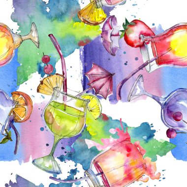 Alkolik bar partisi kokteyli. Suluboya arkaplan çizimi. Kusursuz arkaplan deseni.