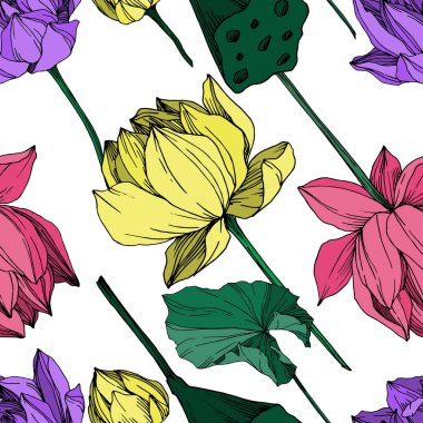 Vektör Lotus çiçek botanik çiçek. Siyah ve beyaz oyulmuş mürekkep sanatı. Kesintisiz arka plan deseni.