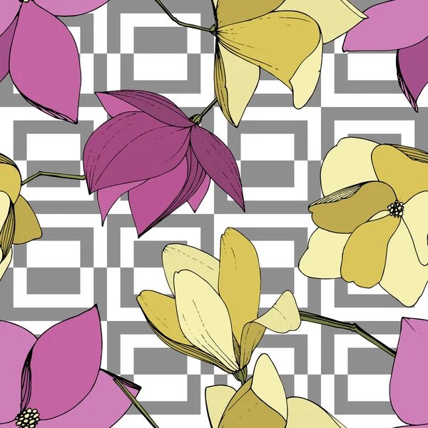 Vektormagnolie mit botanischen Blüten. lila und gelb gravierte Tuschekunst. nahtloses Hintergrundmuster. — Stockvektor