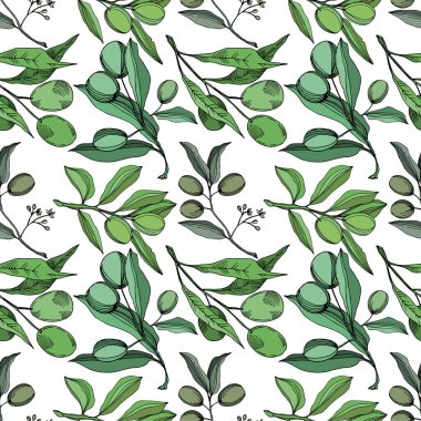 Meyve ile Vektör Zeytin dalı. Siyah ve beyaz oyulmuş mürekkep sanatı. Kesintisiz arka plan deseni.