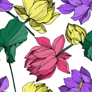 Vektör Lotus çiçek botanik çiçek. Siyah ve beyaz oyulmuş mürekkep sanatı. Kesintisiz arka plan deseni.