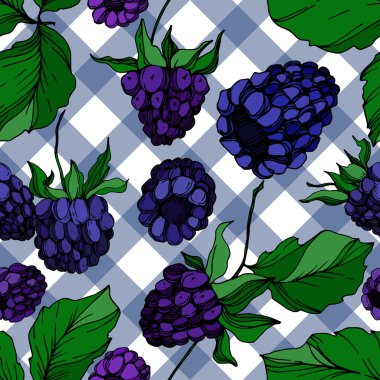 Vektör Blackberry sağlıklı gıda. Siyah ve beyaz oyulmuş mürekkep sanatı. Kesintisiz arka plan deseni.