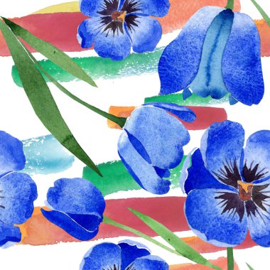 Mavi lale çiçek botanik çiçekleri. Suluboya arka plan illüstrasyon seti. Kesintisiz arka plan deseni.