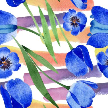 Mavi lale çiçek botanik çiçekleri. Suluboya arka plan illüstrasyon seti. Kesintisiz arka plan deseni.