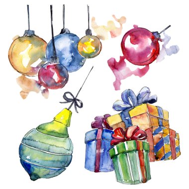 Noel kış tatili sembolü izole. Suluboya arka plan seti. Yalıtılmış noel illüstrasyon öğesi.
