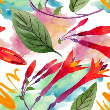 Kırmızı fuşya çiçekli botanik çiçekleri. Suluboya arkaplan çizimi. Kusursuz arkaplan deseni.