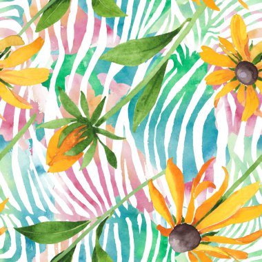 Rudbeckia hirta botanik çiçekleri. Suluboya arkaplan çizimi. Kusursuz arkaplan deseni.