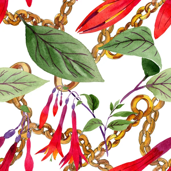 赤いフクシアの花植物の花。水彩の背景イラストセット。シームレスな背景パターン. — ストック写真