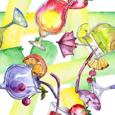Alkolik bar partisi kokteyli. Suluboya arkaplan çizimi. Kusursuz arkaplan deseni.
