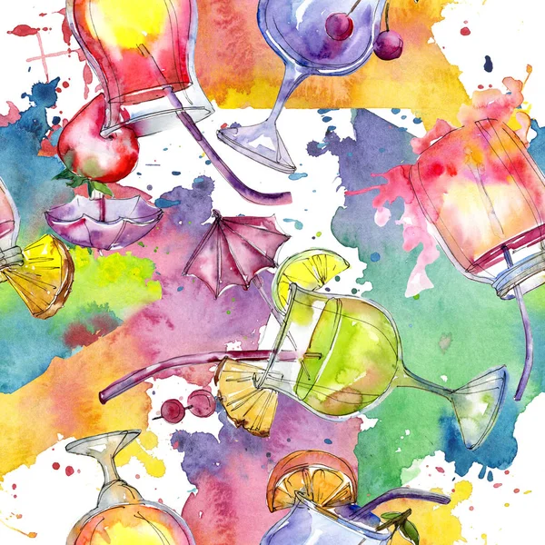 Alcoholic bar party cocktail drink. Watercolor background illustration set. Seamless background pattern.