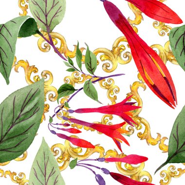 Kırmızı fuşya çiçekli botanik çiçekleri. Suluboya arkaplan çizimi. Kusursuz arkaplan deseni.