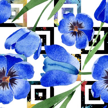 Mavi lale çiçek botanik çiçekleri. Suluboya arka plan illüstrasyon seti. Kesintisiz arka plan deseni.