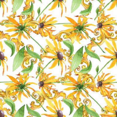 Rudbeckia hirta botanik çiçekleri. Suluboya arkaplan çizimi. Kusursuz arkaplan deseni.