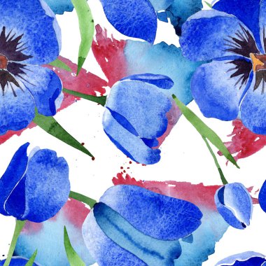 Mavi lale çiçek botanik çiçekleri. Suluboya arka plan illüstrasyon seti. Kesintisiz arka plan deseni.