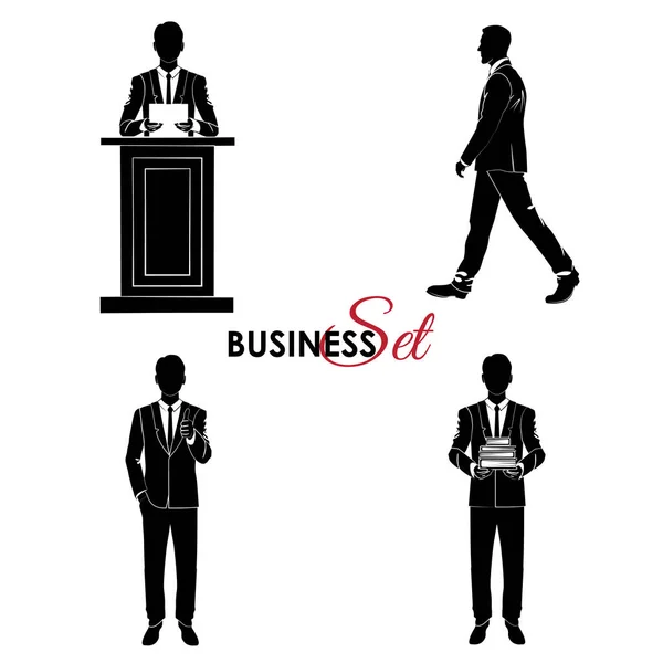 Businessman Set Man Silhouette Business Suit Different Poses Isolated White — Stock Vector