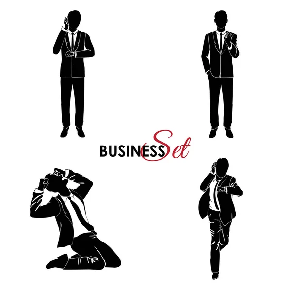 Businessman Set Man Silhouette Business Suit Different Poses Isolated White — Stock Vector