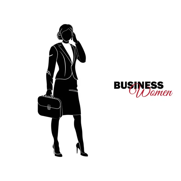 Geschäftsfrau Frau Business Anzug Geschäftsfrau Steht Mit Koffer Und Telefoniert — Stockvektor