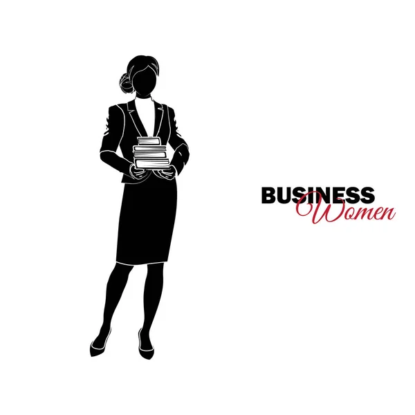 実業家 ビジネス スーツの女性 実業家は 書籍のスタックを保持します — ストックベクタ