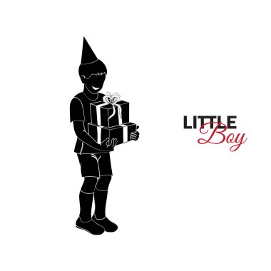 Küçük çocuk, bebek. Küçük bir çocuk şapka şenlikli içinde hediyeler tutar. Küçük boyl ile hediyeler, Doğum günü çocuğu