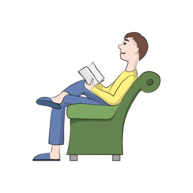 Adam, çocuğu (adam) sandalyede bir kitap okuyor. Vektör rengi çizim.