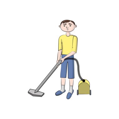 Adam, çocuk (adam) elektrikli süpürge ile. Vektör rengi çizim.