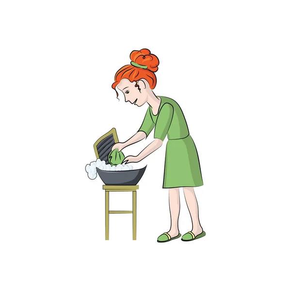 Girl Washes Clothes Vector Color Illustration — Stock Vector