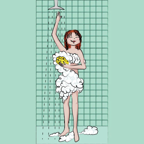 Das Mädchen Wäscht Sich Der Dusche Vektorfarbige Illustration — Stockvektor