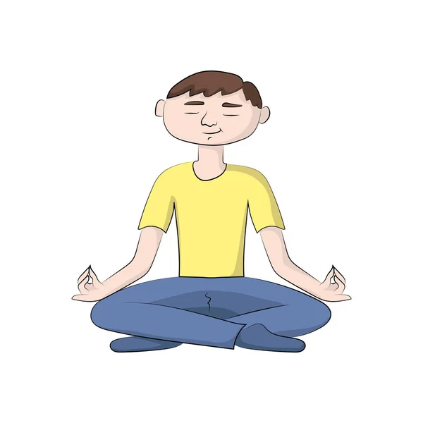 Chico Hombre Está Sentado Una Pose Yoga Ilustración Color Vectorial — Vector de stock