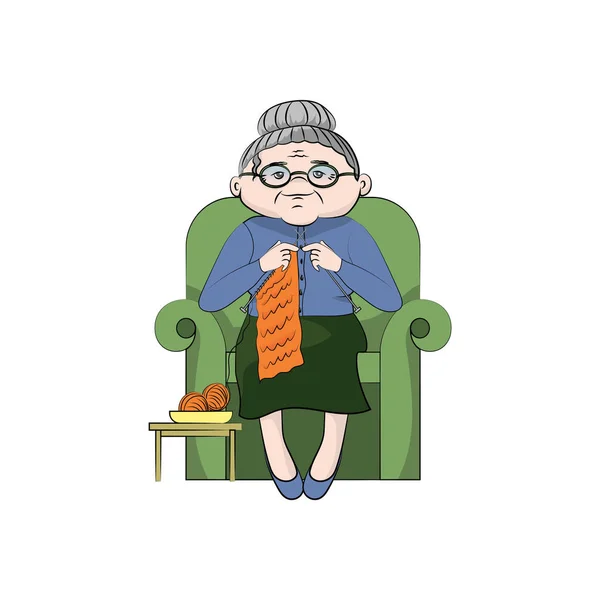 Grandmother knits in a chair. Vector color illustration — Stock Illustration Grandmother Knits Chair Vector Color Illustration Vector Graphics