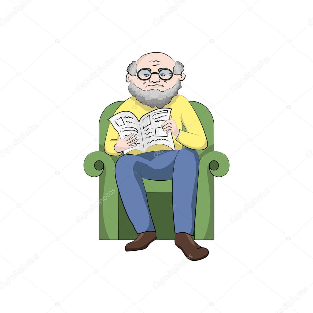Grandfather in a chair reading a newspaper. Vector color illustration