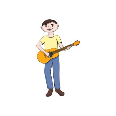 adam (erkek) gitar çalıyor. Vektör rengi çizim.