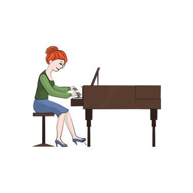 Girl (kadın) piyano çalıyor. Vektör rengi çizim.