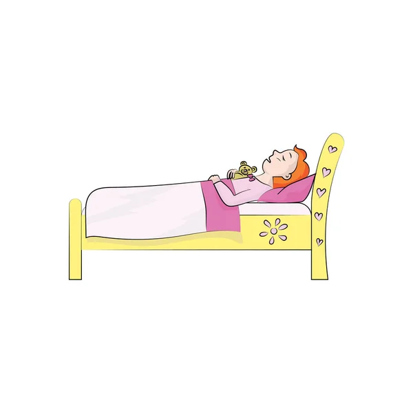 Ένα Κορίτσι Παιδί Κοιμάται Ένα Παιχνίδι Στο Κρεβάτι Vector Εικονογράφηση — Διανυσματικό Αρχείο
