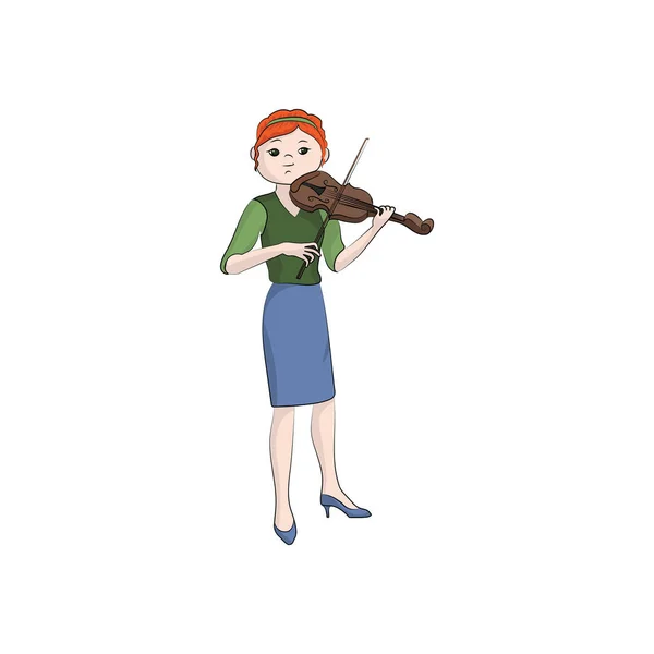 Chica Mujer Toca Violín Ilustración Color Vectorial — Vector de stock