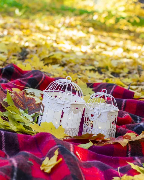 Candles in decorative cages on a blanket in the park — Stock Image Candles Decorative Cages Blanket Park Royalty Free Stock Photos