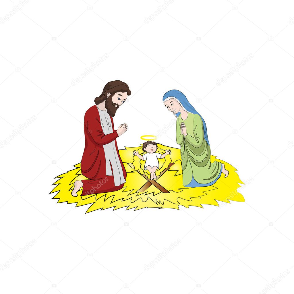 Mary and Joseph near the Baby Jesus Christ isolated on white background