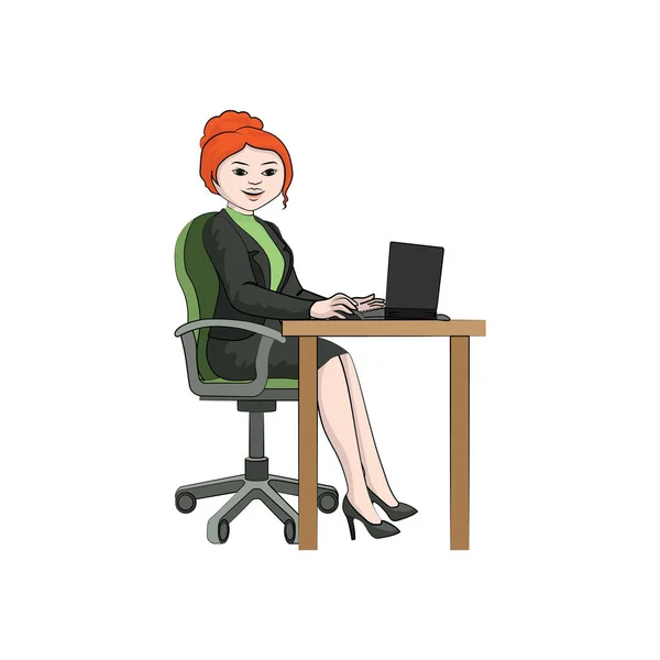 Mujer Negocios Mujer Chica Una Mesa Con Ordenador Portátil Ilustración — Vector de stock