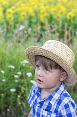 ayçiçeği bir alanda bir şapka çocuk