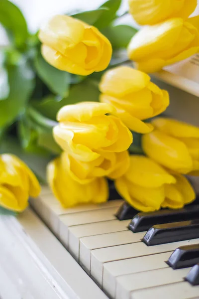 白色钢琴上的黄色郁金香 — 图库照片