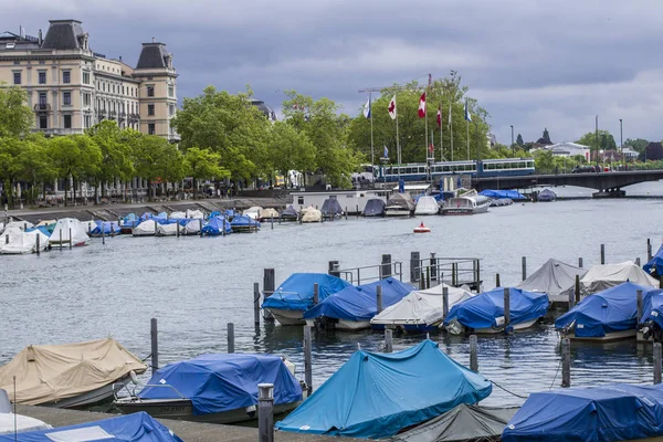 Zürich Rakparton Móló Zürichben Zürichi Csónakhajók — Stock Fotó