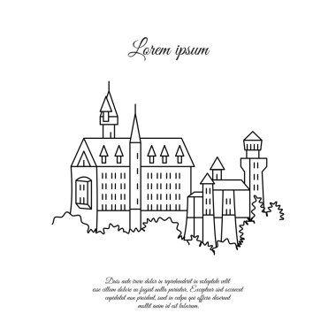 Neuschwanstein Kalesi vektör çizgi simgesi. siyah sembolü Neuschwanstein Kalesi. Neuschwanstein Kalesi tabelası. Neuschwanstein Kalesi logosu
